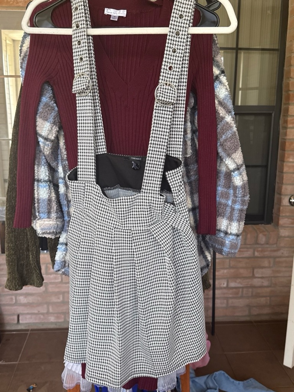 Forever 21 Black and White Houndstooth Suspender Skirt